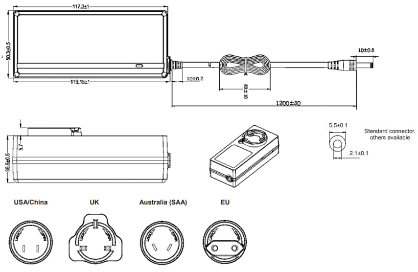 Mechanical Drawing - Power Partners PSAW65I Power Supplies